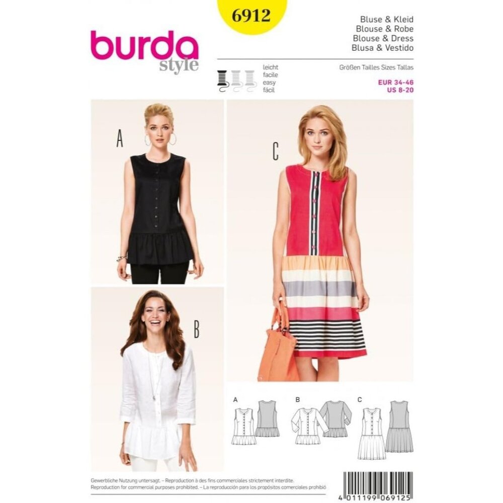 Burda Style 6912 Sewing Pattern Blouse & Dress With Tiered‎ Hem Womens 8-20